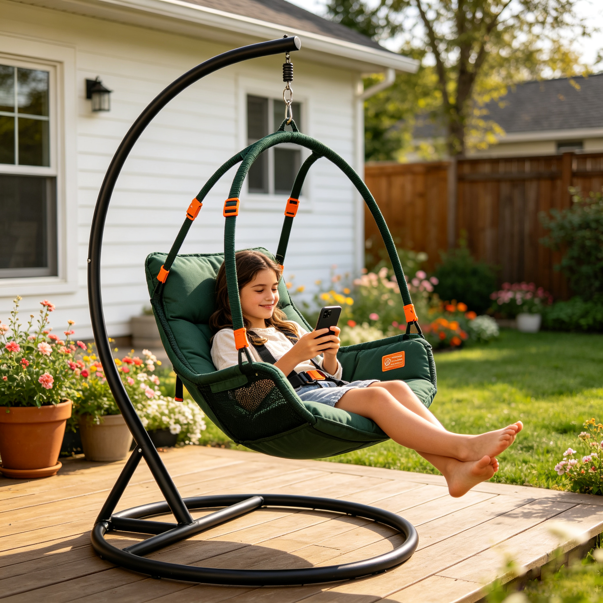 Outdoor Hanging Egg Chair with Stand Cushion and Safety Harness