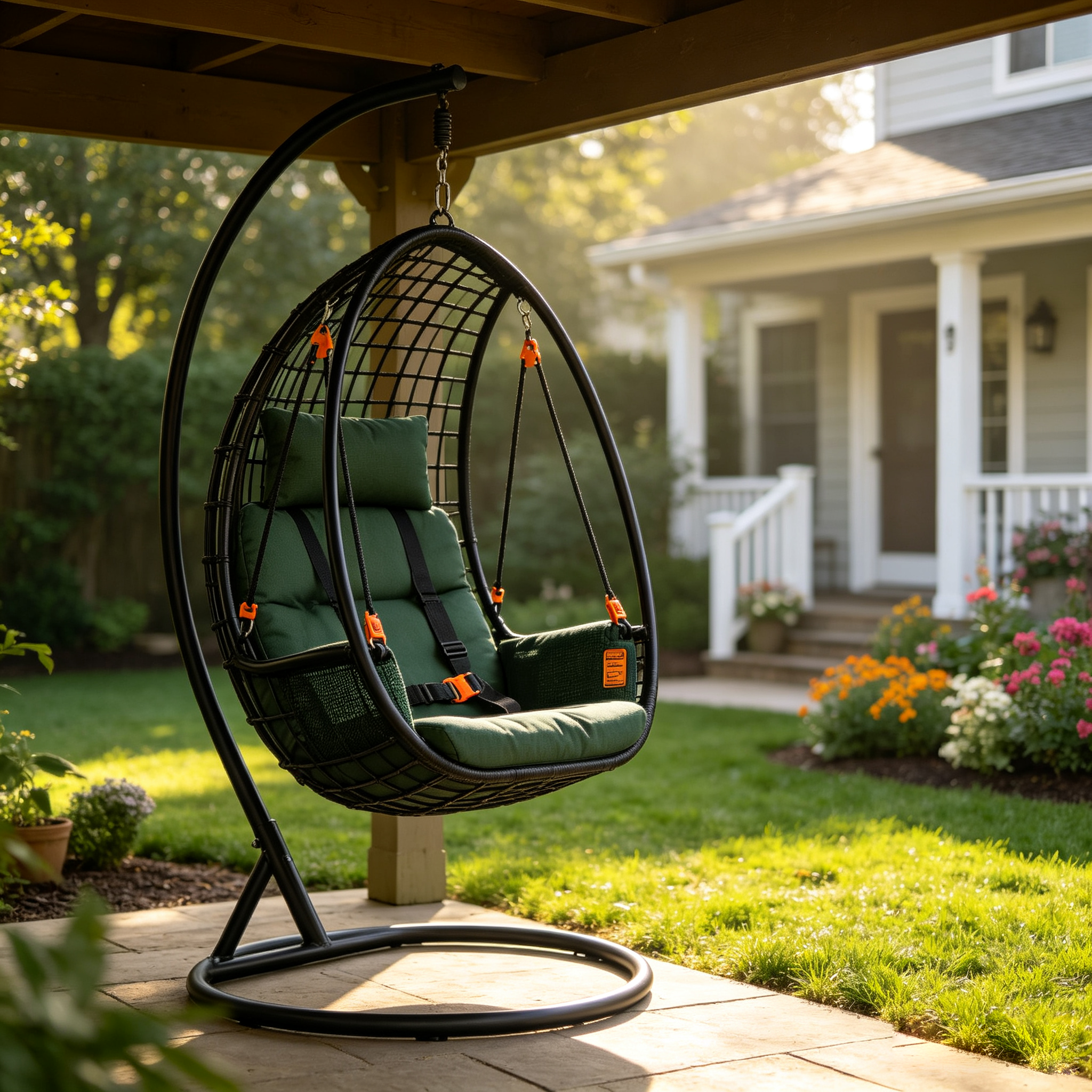 Outdoor Hanging Egg Chair with Stand Cushion and Safety Harness