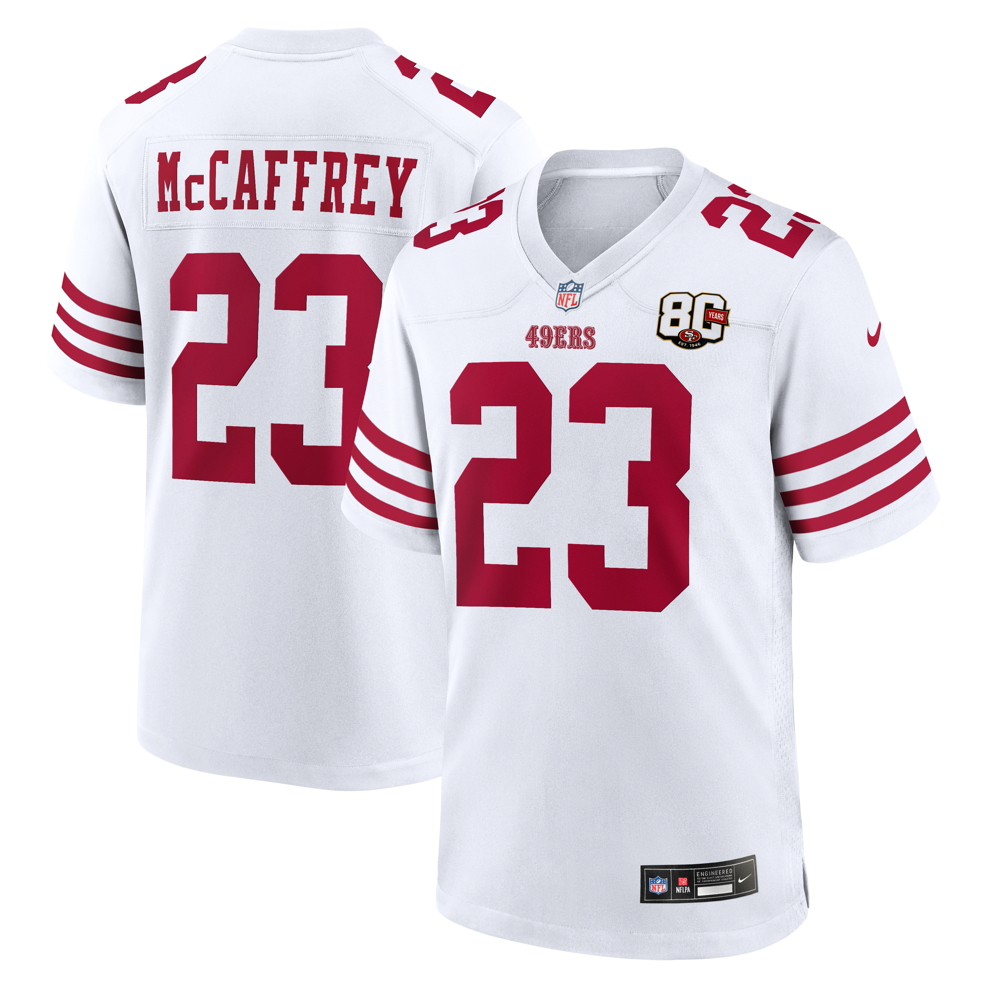 San Francisco 49ers White 80th Anniversary Game Jersey for Men – Christian McCaffrey