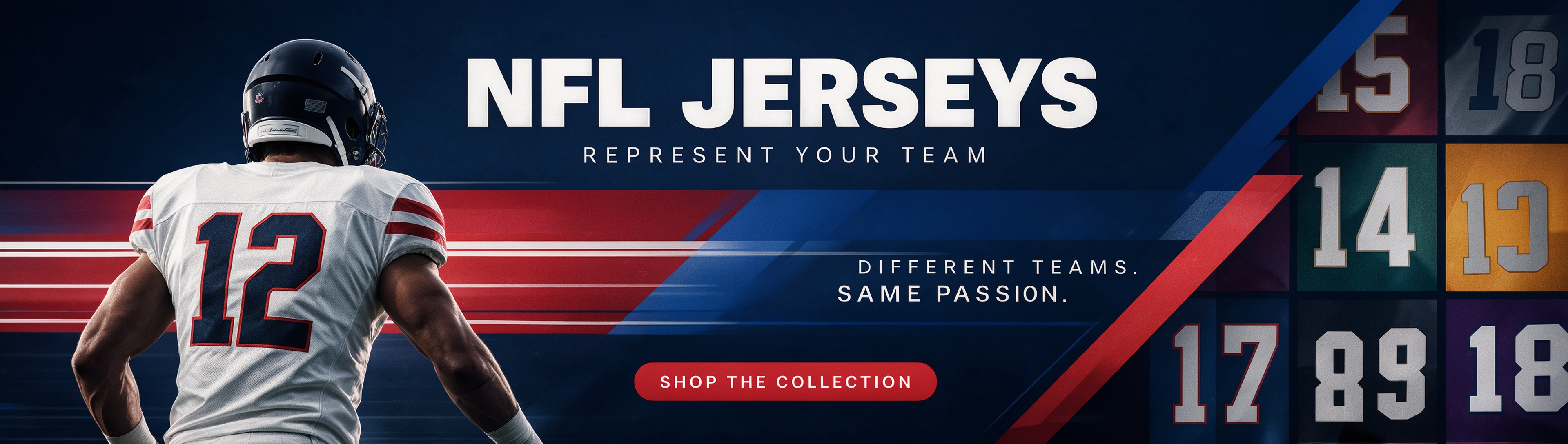 Sports Pro Kit NFL jerseys banner, football player back view jersey, represent your team, shop the collection