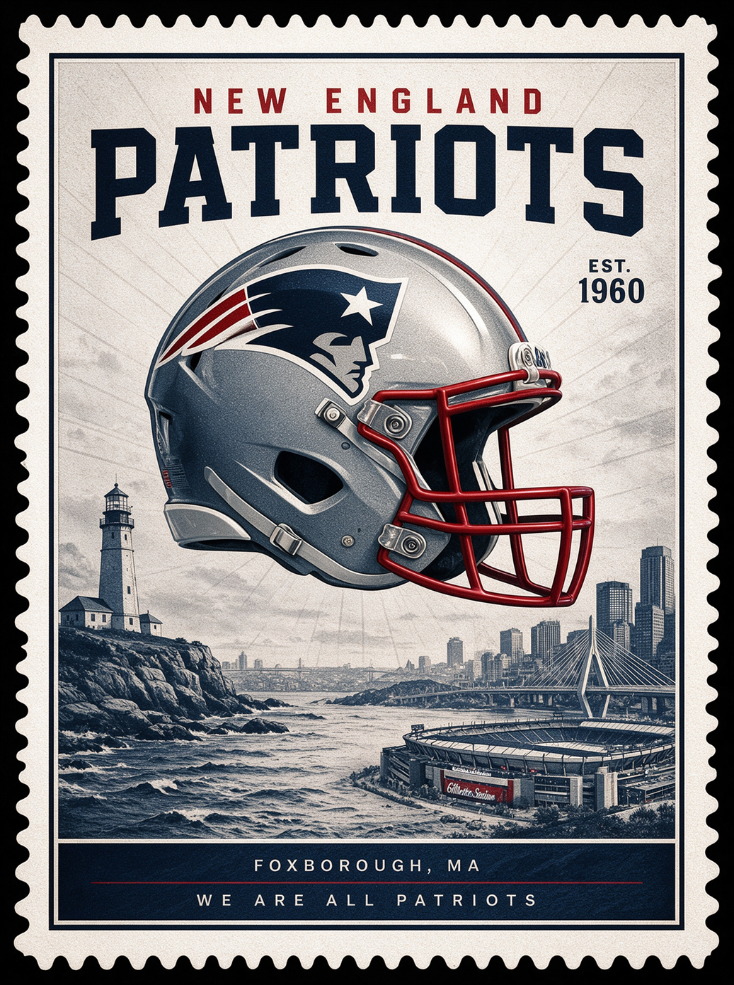 Sports Pro Kit New England Patriots NFL jerseys category banner, vintage stamp style, team helmet with Gillette Stadium, for fans in Foxborough MA