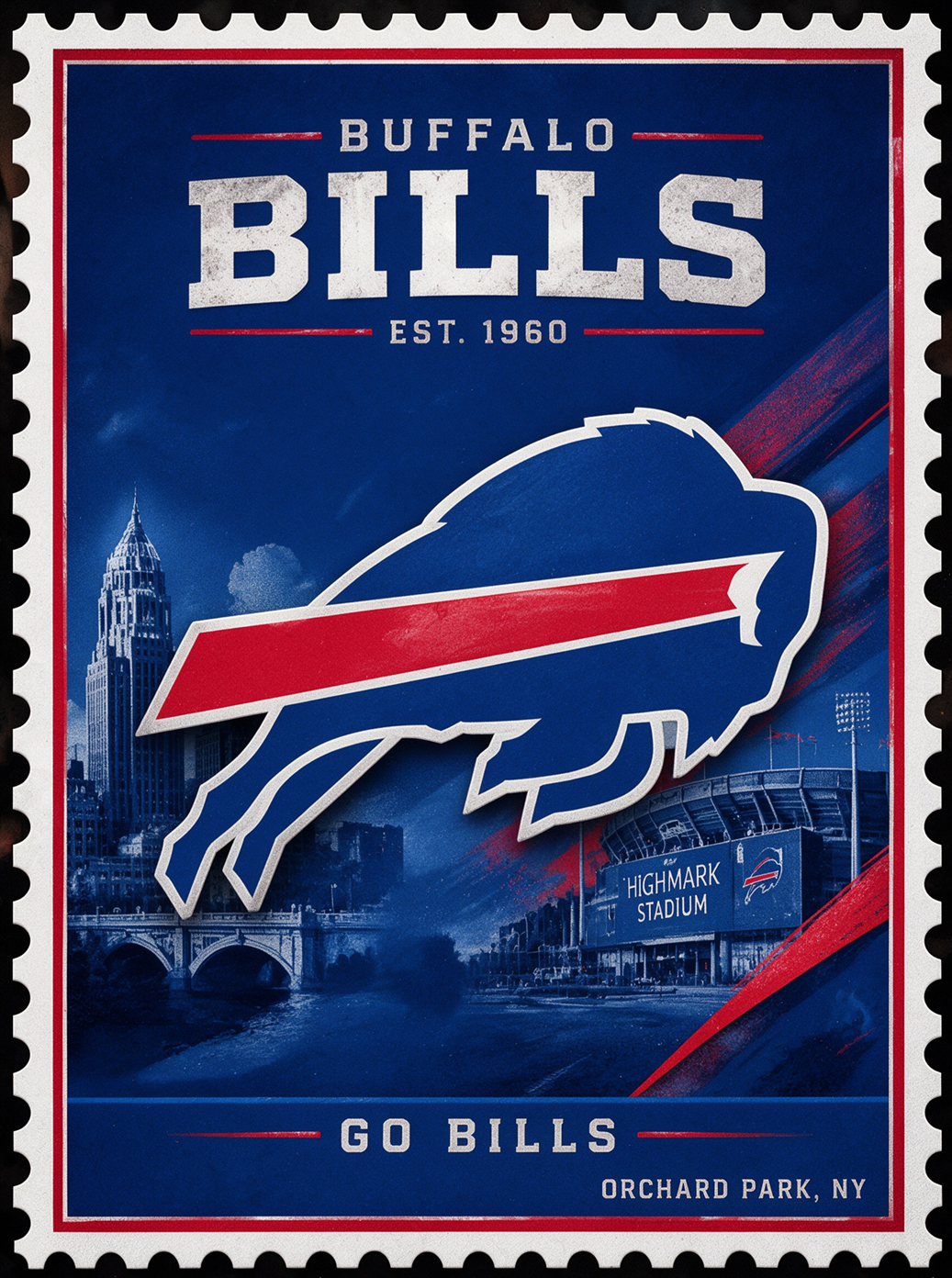 Sports Pro Kit Buffalo Bills NFL jerseys category banner, vintage stamp style, buffalo logo with city skyline and Highmark Stadium, for fans in Orchard Park NY