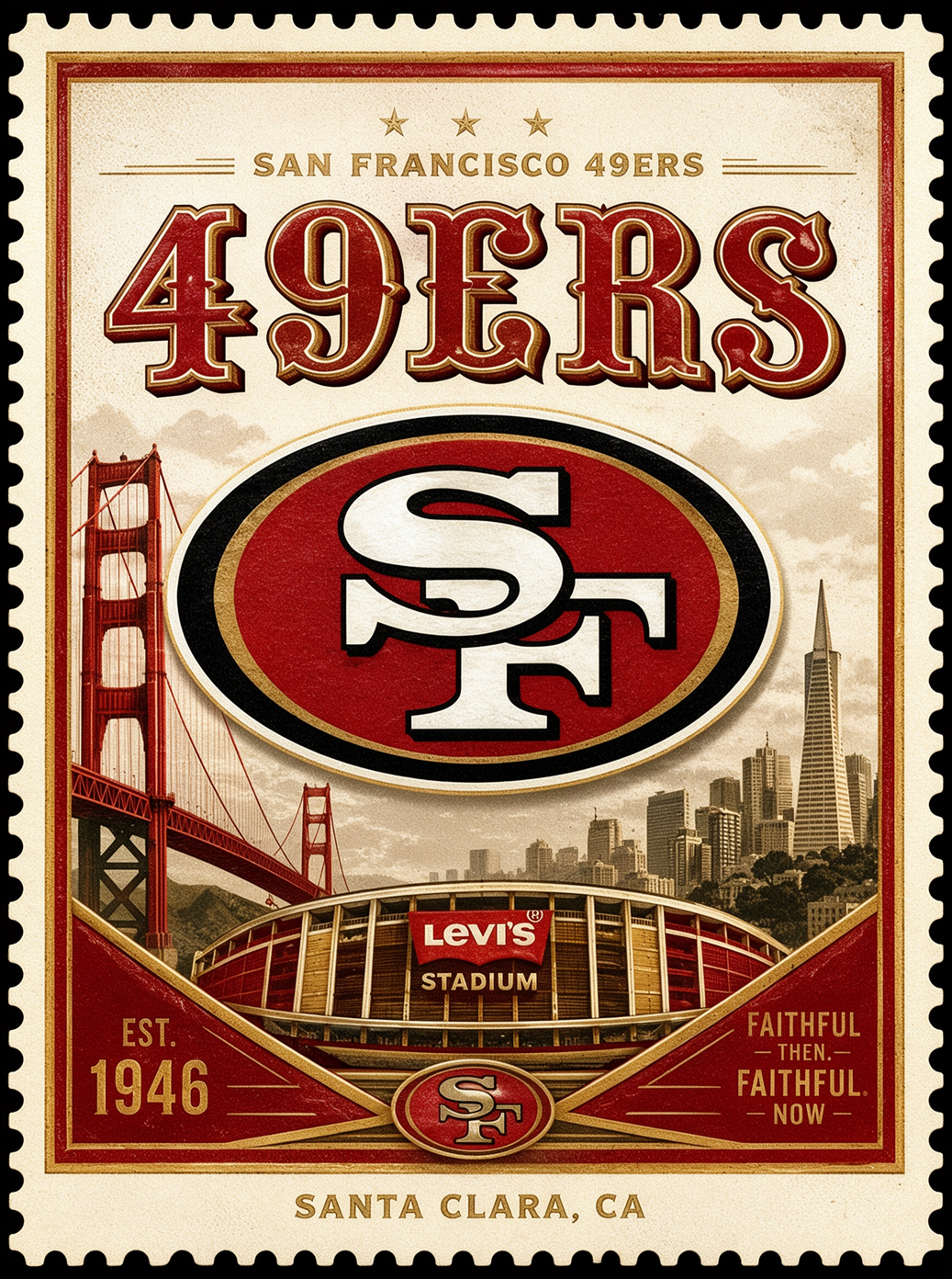 Sports Pro Kit San Francisco 49ers NFL jerseys category banner, vintage stamp style, team logo with Golden Gate Bridge and Levi's Stadium, for fans in Santa Clara CA