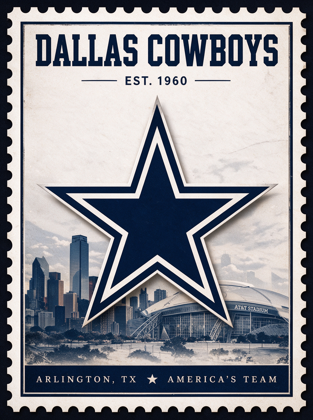 Sports Pro Kit Dallas Cowboys NFL jerseys category banner, vintage stamp style, star logo with Dallas skyline and AT&T Stadium, for fans in Arlington TX