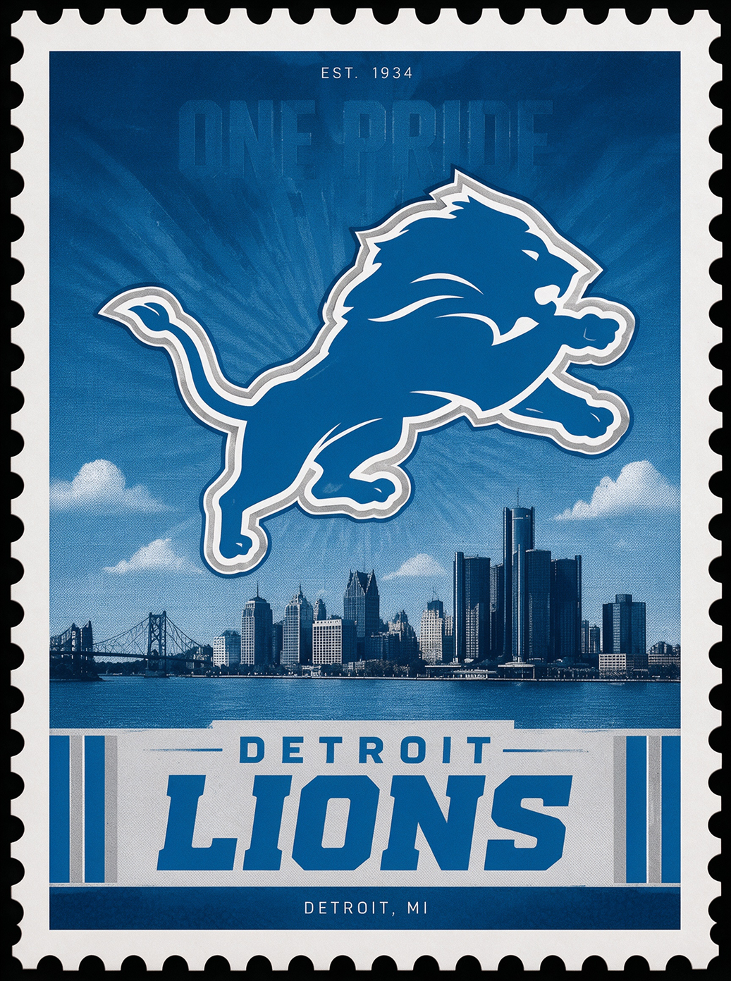 Sports Pro Kit Detroit Lions NFL jerseys category banner, vintage stamp style, lion logo with Detroit riverfront skyline, for fans in Detroit MI
