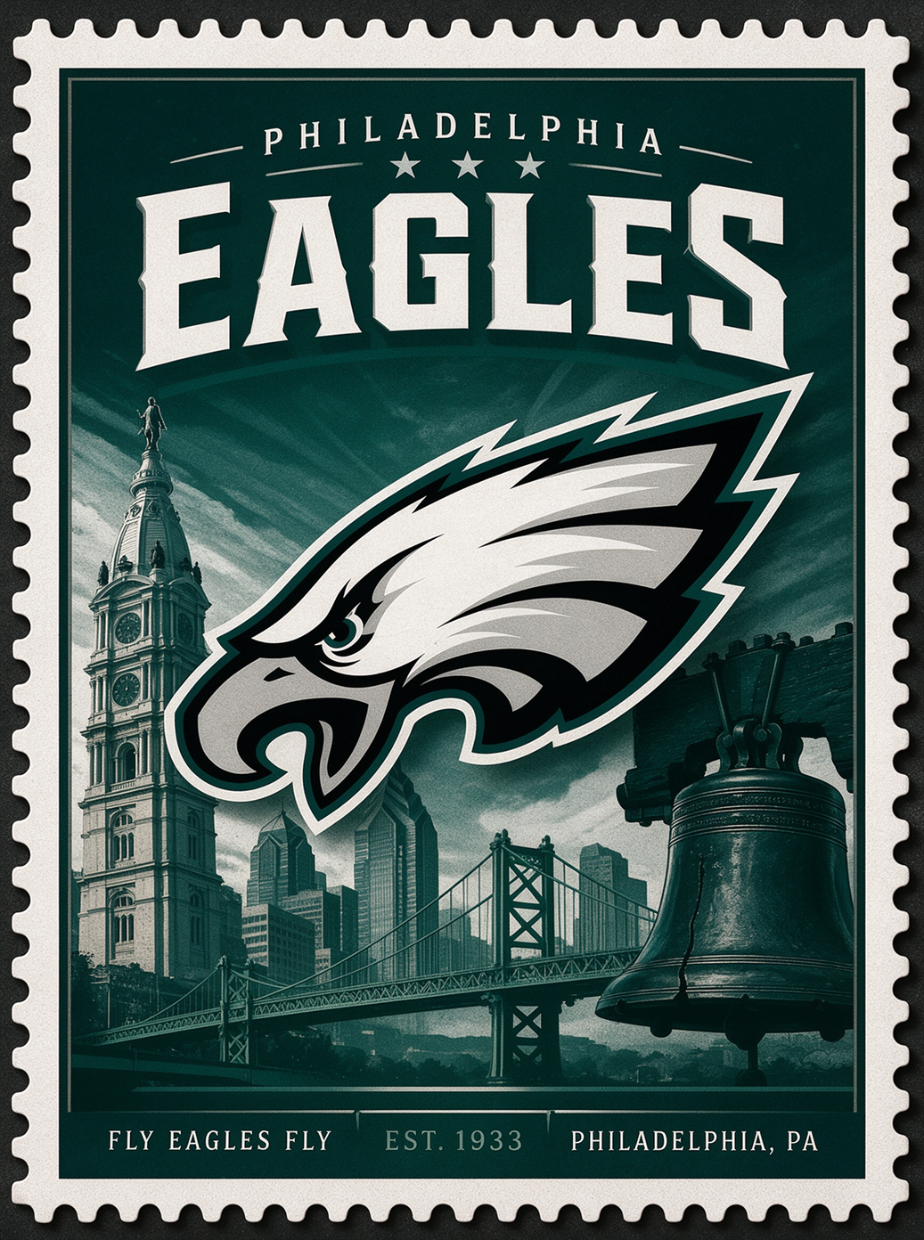 Sports Pro Kit Philadelphia Eagles NFL jerseys category banner, vintage stamp style, eagle logo with Independence Hall and Liberty Bell, for fans in Philadelphia PA