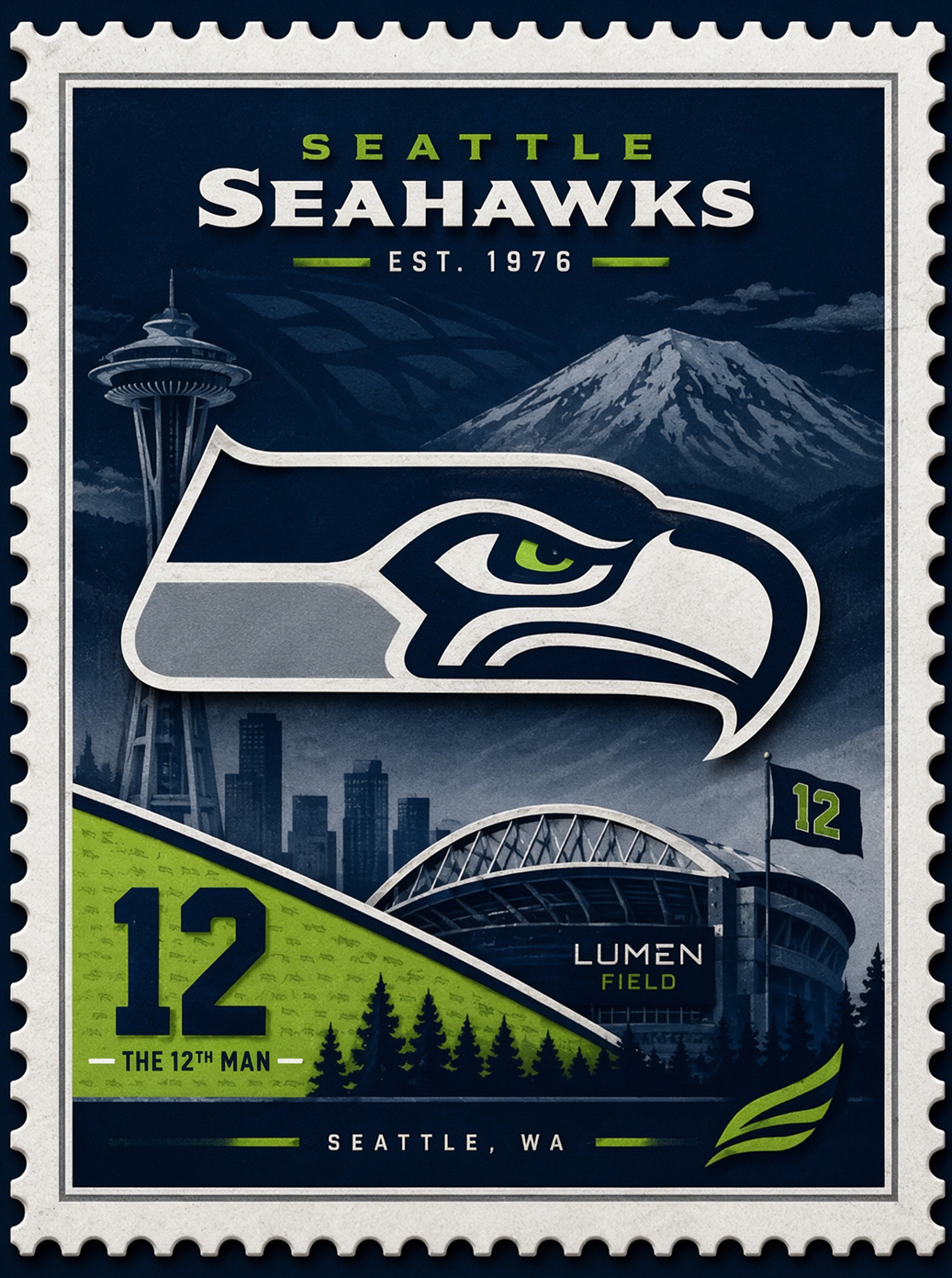 Sports Pro Kit Seattle Seahawks NFL jerseys category banner, vintage stamp style, seahawk logo with Space Needle and Lumen Field, for fans in Seattle WA