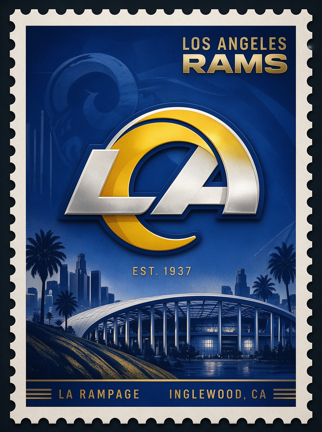 Sports Pro Kit Los Angeles Rams NFL jerseys category banner, vintage stamp style, LA logo with Inglewood stadium and palm trees, for fans in Inglewood CA