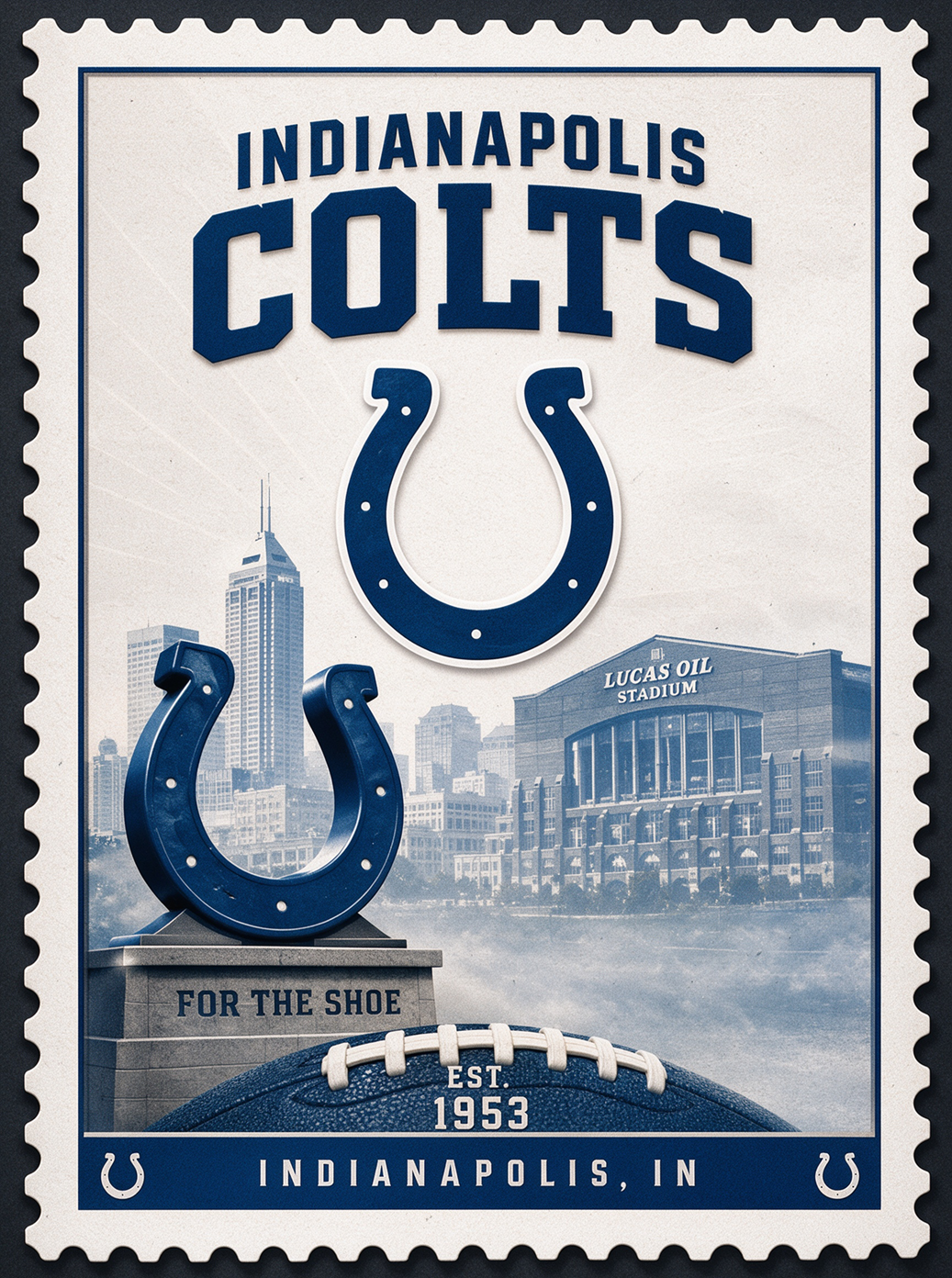 Sports Pro Kit Indianapolis Colts NFL jerseys category banner, vintage stamp style, horseshoe logo with Lucas Oil Stadium, for fans in Indianapolis IN