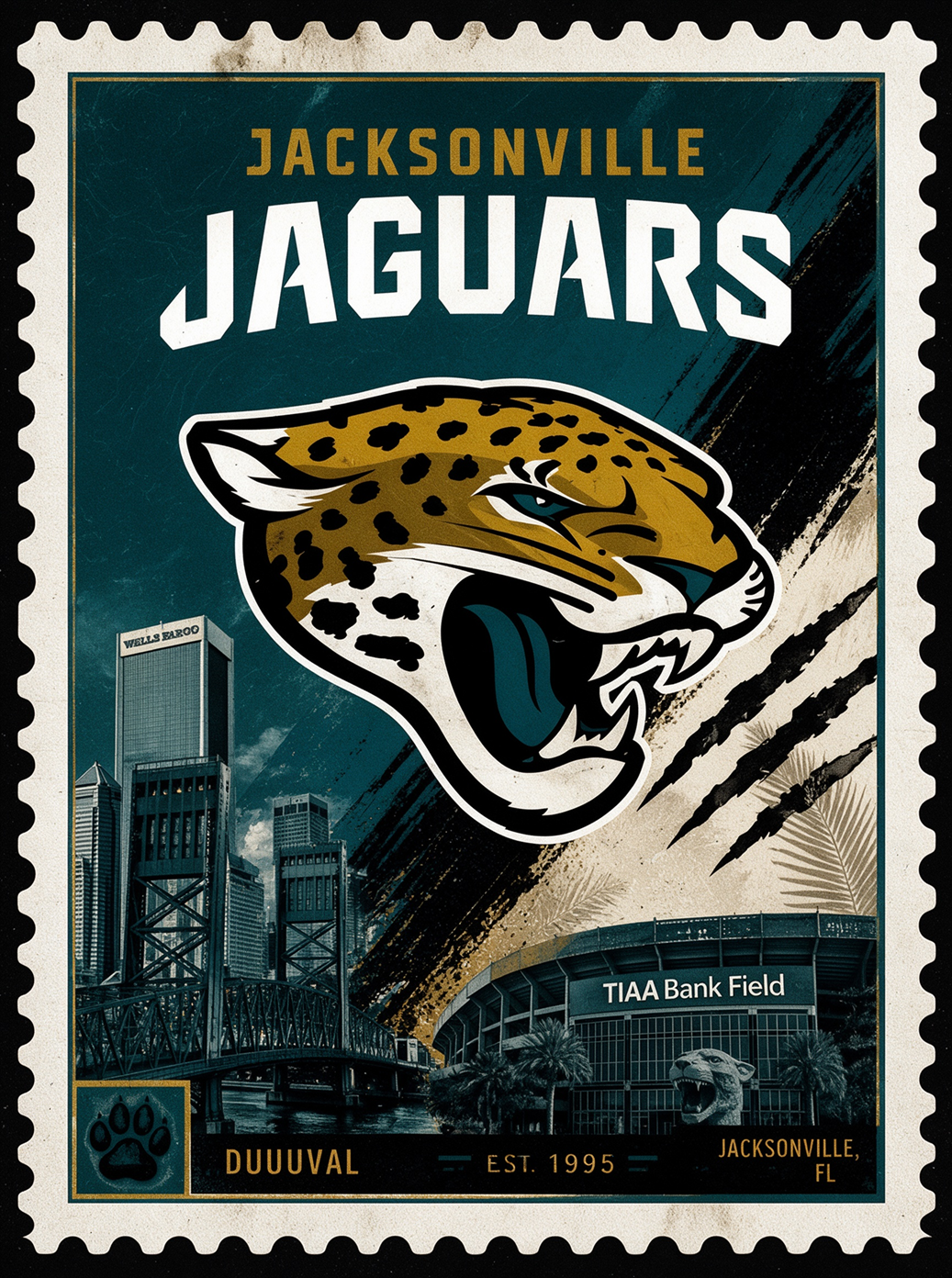Sports Pro Kit Jacksonville Jaguars NFL jerseys category banner, vintage stamp style, jaguar logo with city bridge and TIAA Bank Field, for fans in Jacksonville FL