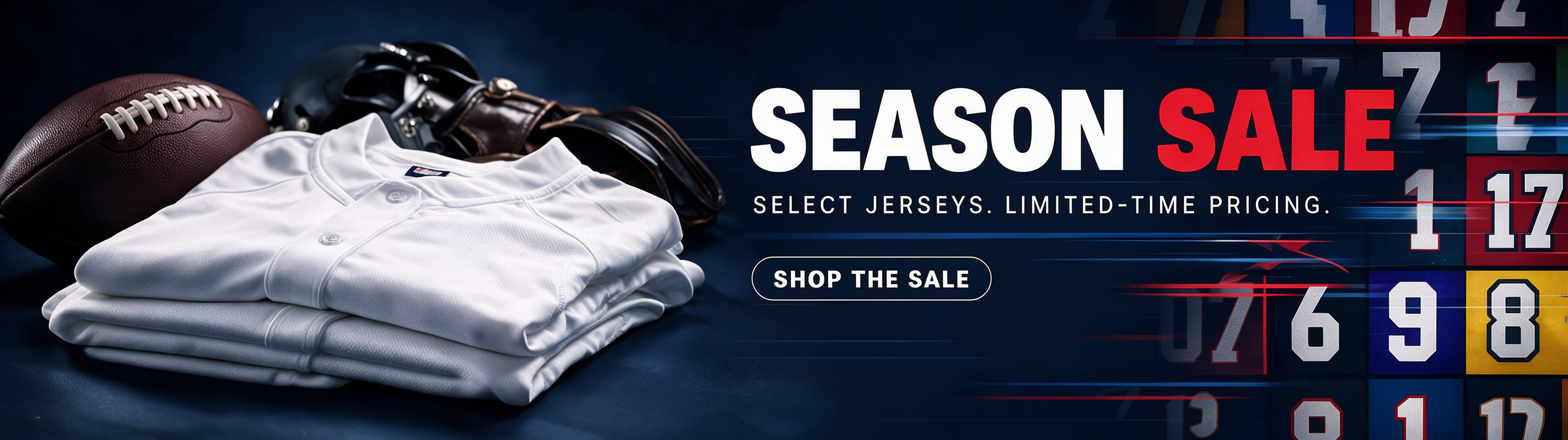 Sports Pro Kit season sale banner, folded NFL jerseys with football helmet and glove, select jerseys limited-time pricing