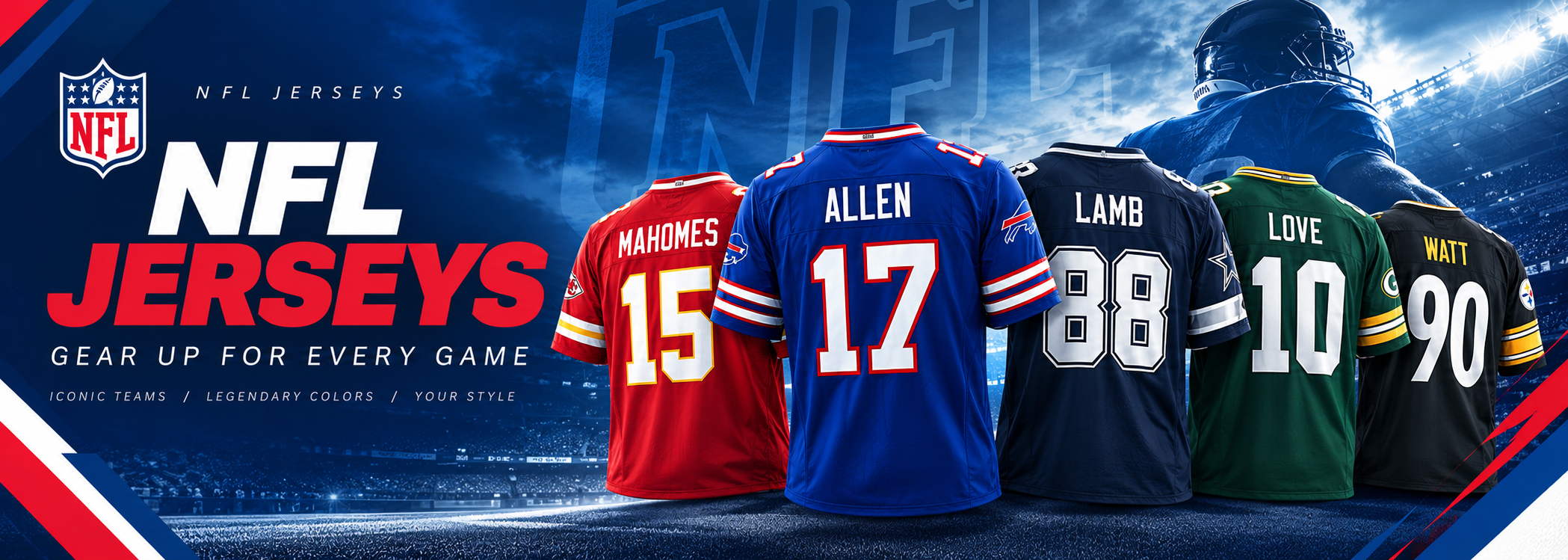 Sports Pro Kit NFL jerseys collection banner, Mahomes, Allen, Lamb, Love, Watt star jerseys display, gear up for every game