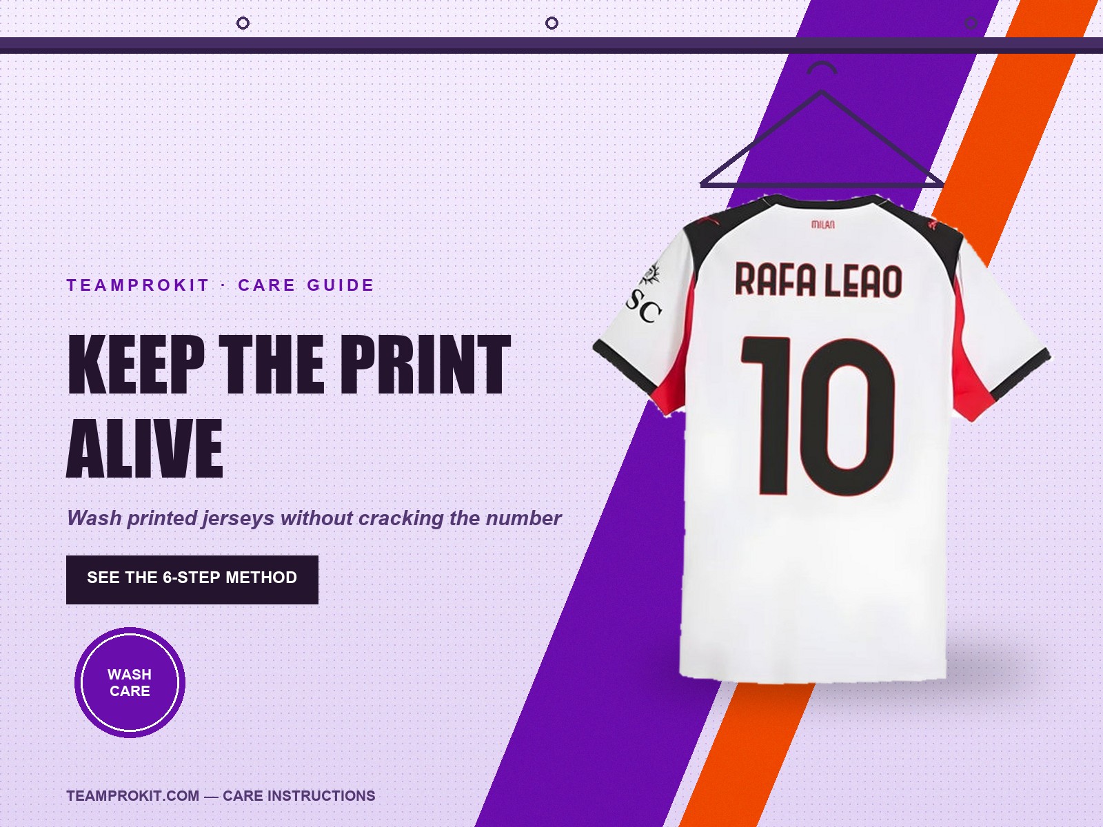 Retro football shirt hanging on a rail, purple and orange backdrop