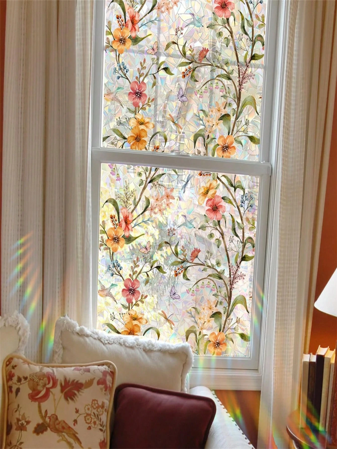 Rainbow Window Privacy Film Holographic Stained Glass Window Film Vinyl Static Cling Sticker Non-Adhesive Removable House Window Tint For Home Room Decor Home Decor Stickers Wall Stickers Wall Decor