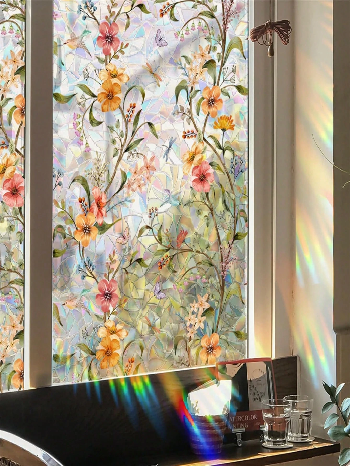 Rainbow Window Privacy Film Holographic Stained Glass Window Film Vinyl Static Cling Sticker Non-Adhesive Removable House Window Tint For Home Room Decor Home Decor Stickers Wall Stickers Wall Decor