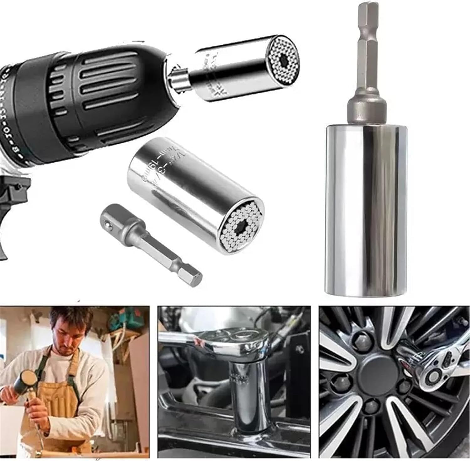 Spurtar 2/4Pcs Universal Socket Set (11-32mm 7-19mm) for Unscrew Any Bolt | Multi-Function Universal Socket Tool with 3/8" 1/2" Power Drill Adapters Birthday Gift for Dad, GGsband, Man, Handyman