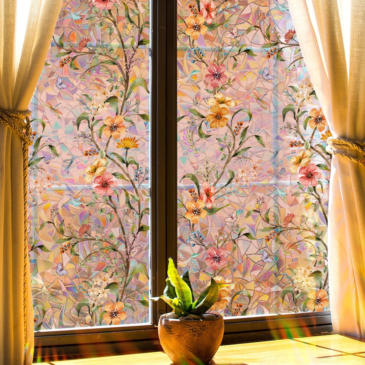 Rainbow Window Privacy Film Holographic Stained Glass Window Film Vinyl Static Cling Sticker Non-Adhesive Removable House Window Tint For Home Room Decor Home Decor Stickers Wall Stickers Wall Decor