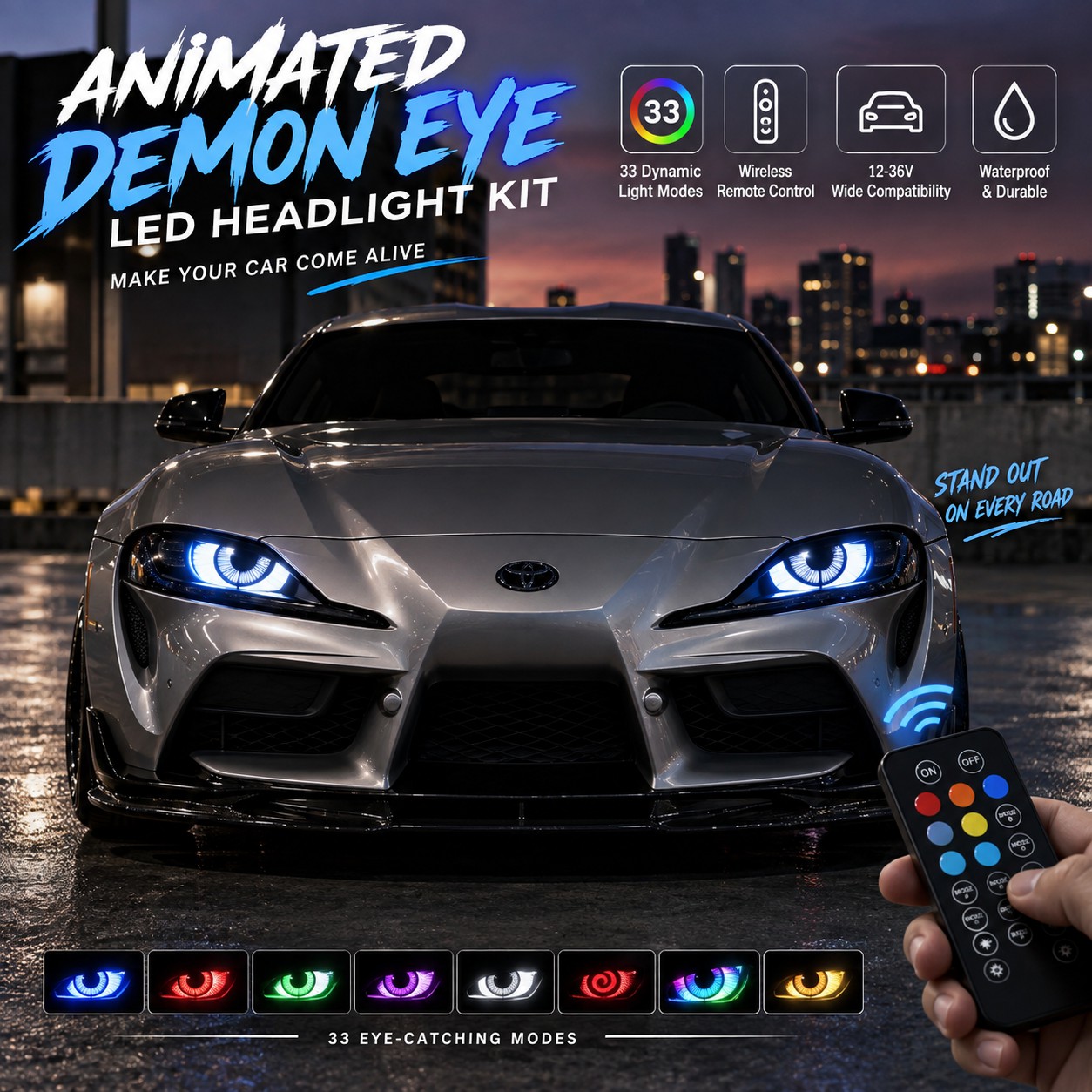 33-Mode Animated Demon Eye LED Headlight Kit – Moving Ghost Eye Car Light with Remote Control