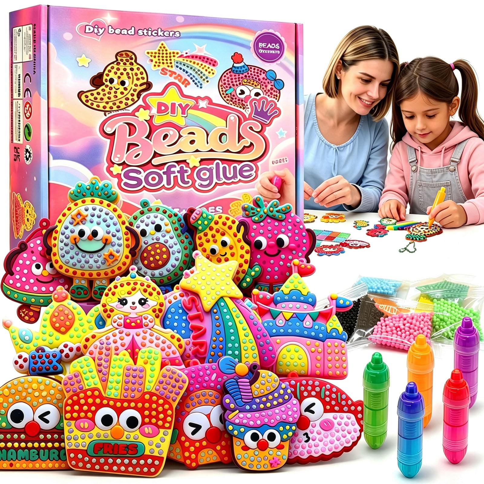 DIY Bead Art & Mosaic Kit for Kids Ages 6-12 Complete Craft Set with 15PCS Colorful Templates Fun Stencils Bead Pens Creative Arts Crafts Activity for Boys Girls
