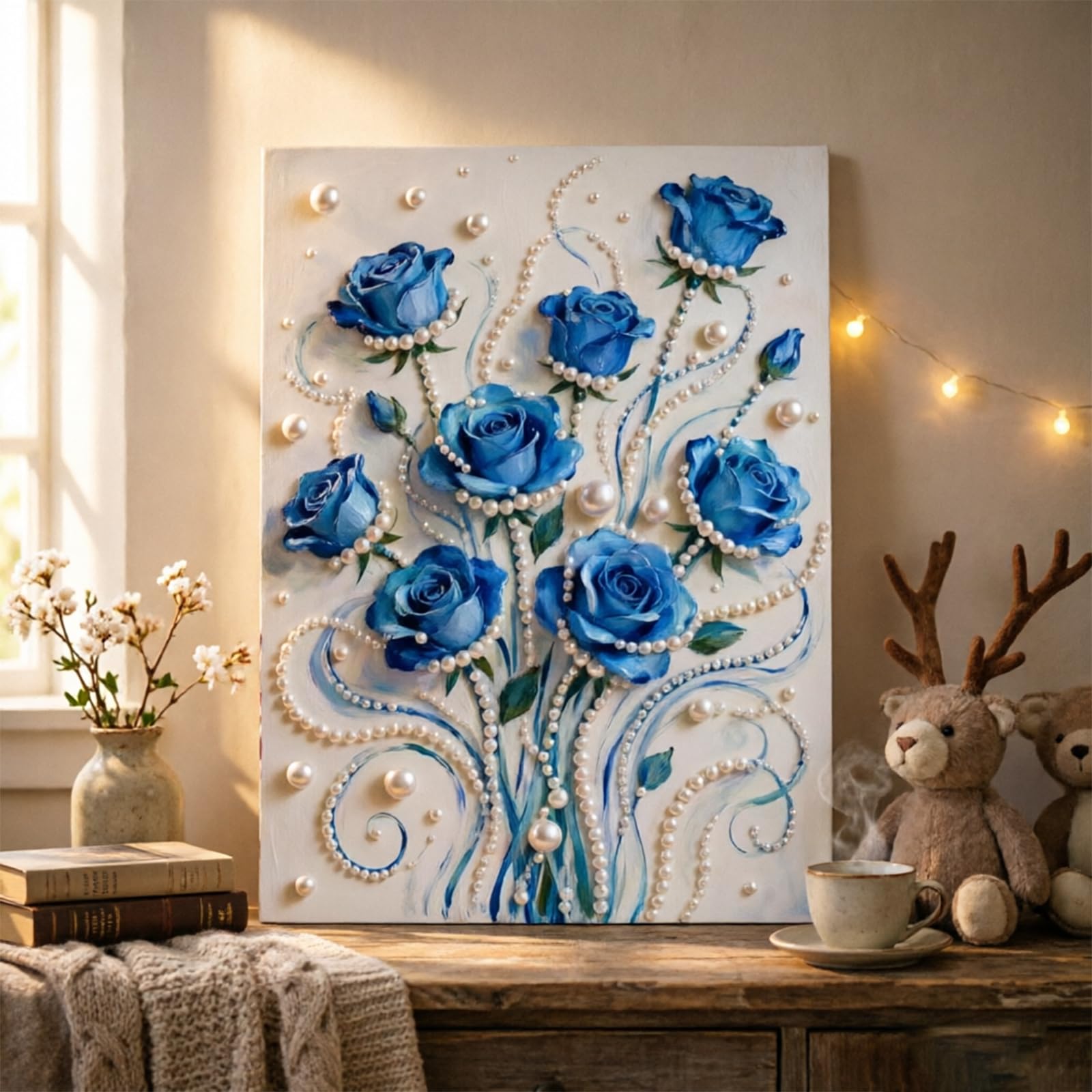 Blue Rose 3D Pearl Painting DIY Kit – Gem Bead Art Craft Canvas for Adults & Beginners