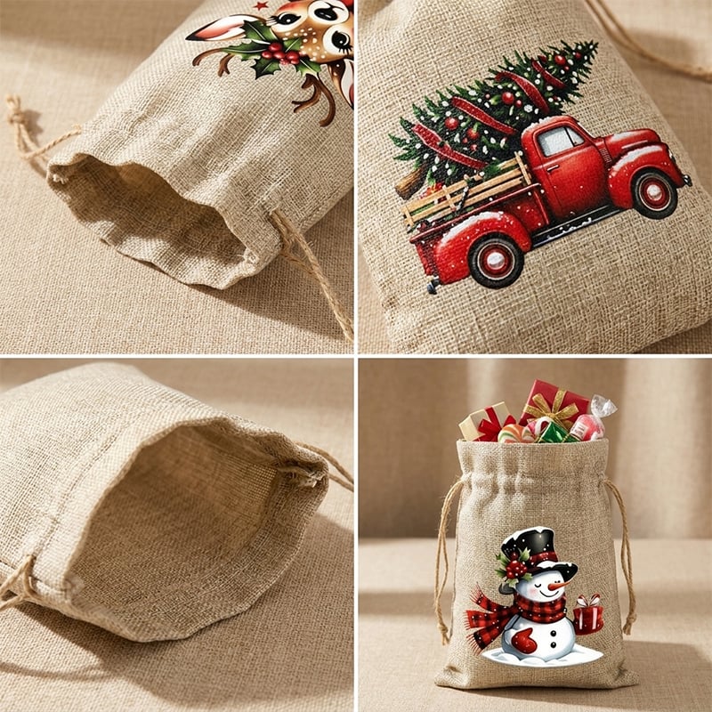 Rustic Christmas Burlap Drawstring Gift Bags