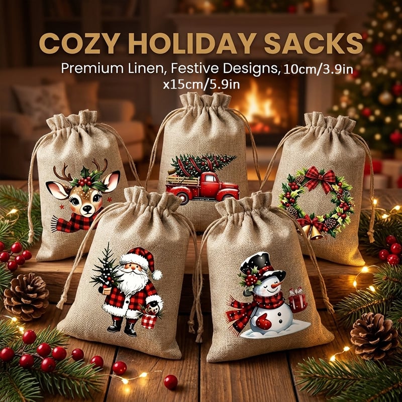 Rustic Christmas Burlap Drawstring Gift Bags