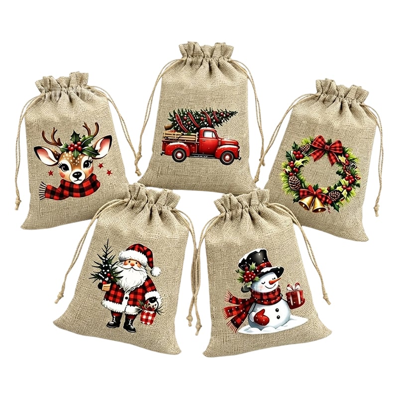 Rustic Christmas Burlap Drawstring Gift Bags
