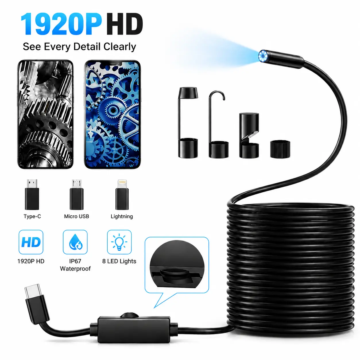 1920P HD Automotive Diagnostic Tool Endoscope Borescope Inspection Camera