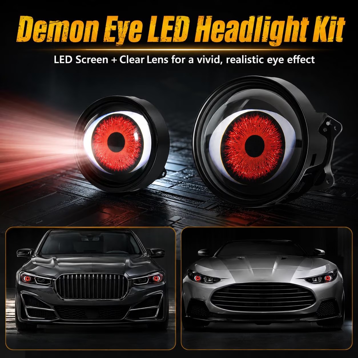 33-Mode Animated Demon Eye LED Headlight Kit – Moving Ghost Eye Car Light with Remote Control
