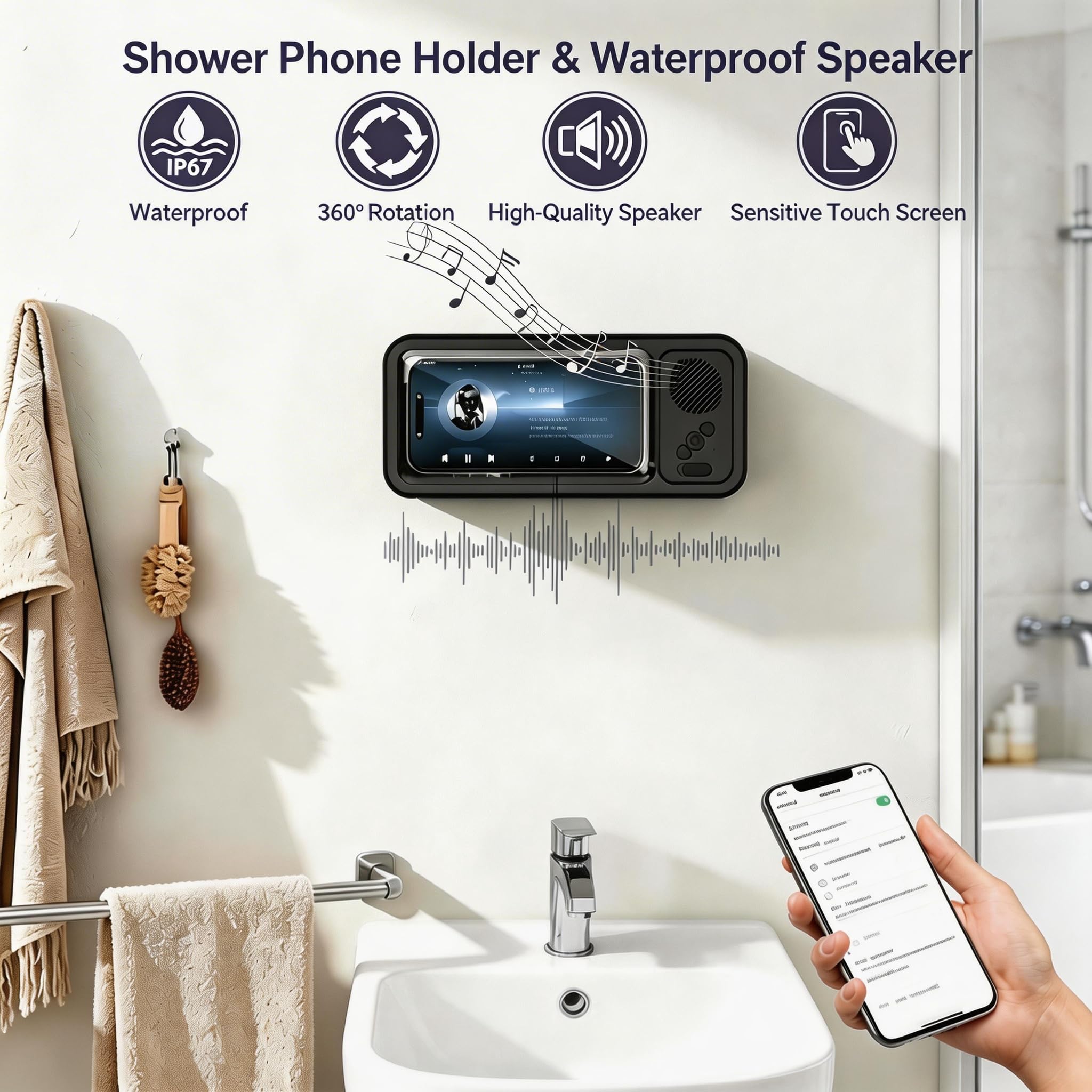 Waterproof Shower Phone Holder with Bluetooth Speaker & 360° Rotation