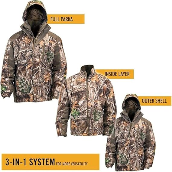 Men’s 3-in-1 Insulated Camo Hunting Parka, Waterproof Jacket, Versatile Camouflage Hunting Clothes for