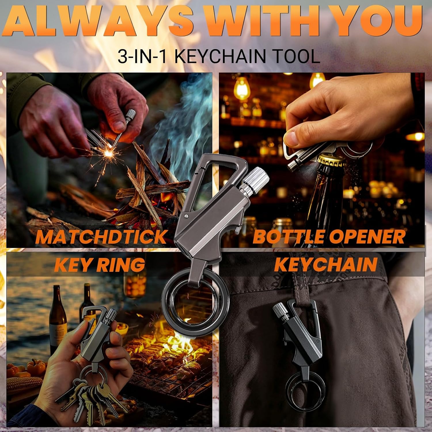 3 Permanent Match Infinity Lighter, 3-in-1 Keychain Bottle Opener Igniter, Reusable Unlimited Lighter, Waterproof Matches, Outdoor Survival Permanent Igniter