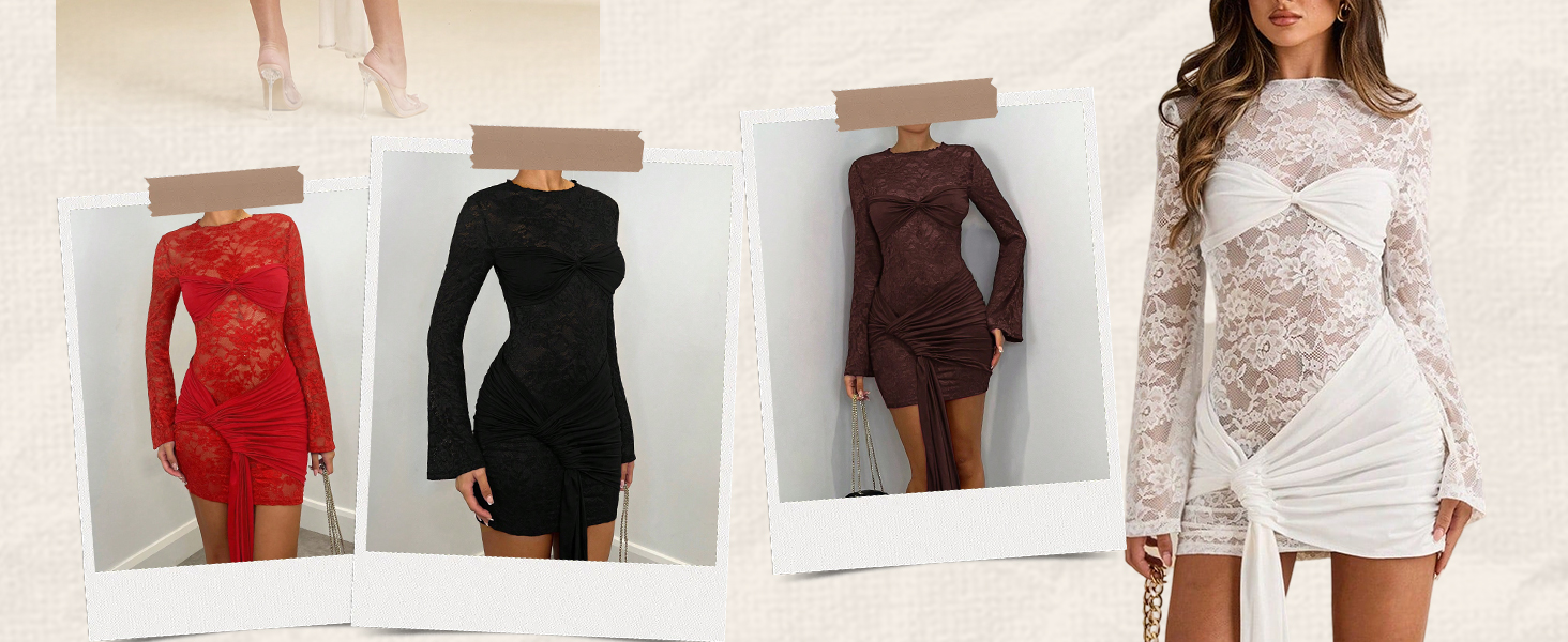Women&amp;#39;s Floral Mesh Mini Dress Long Sleeve Bodycon Dresses