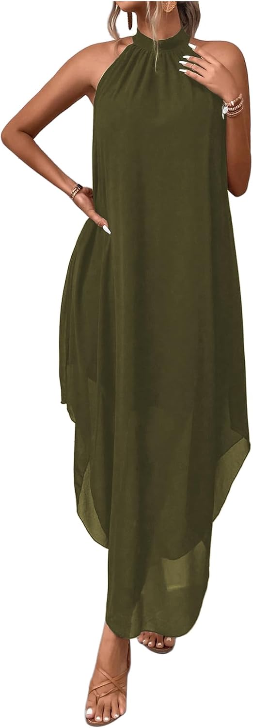 Women’s Formal Wedding Guest Dress Halter Flowy Chiffon Long Dress