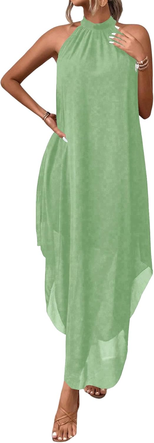 Women’s Formal Wedding Guest Dress Halter Flowy Chiffon Long Dress
