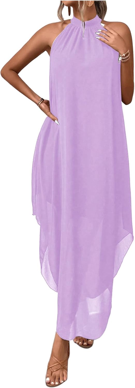 Women’s Formal Wedding Guest Dress Halter Flowy Chiffon Long Dress