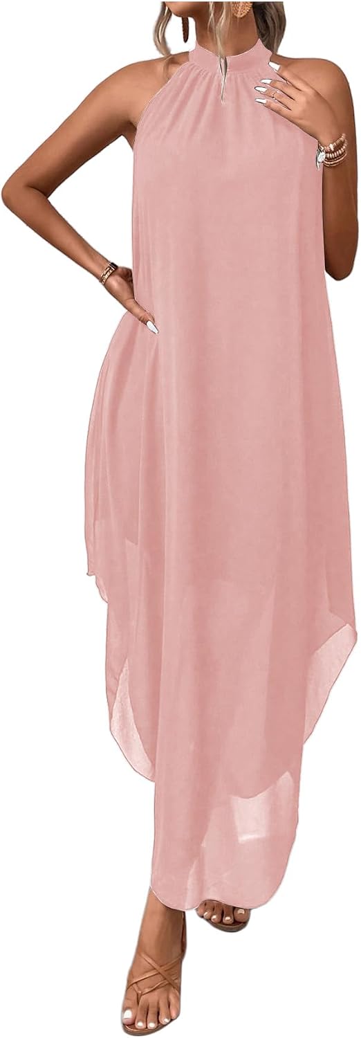 Women’s Formal Wedding Guest Dress Halter Flowy Chiffon Long Dress