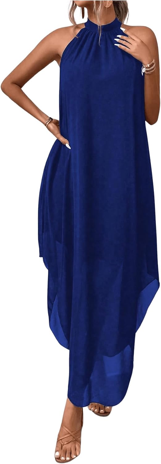Women’s Formal Wedding Guest Dress Halter Flowy Chiffon Long Dress