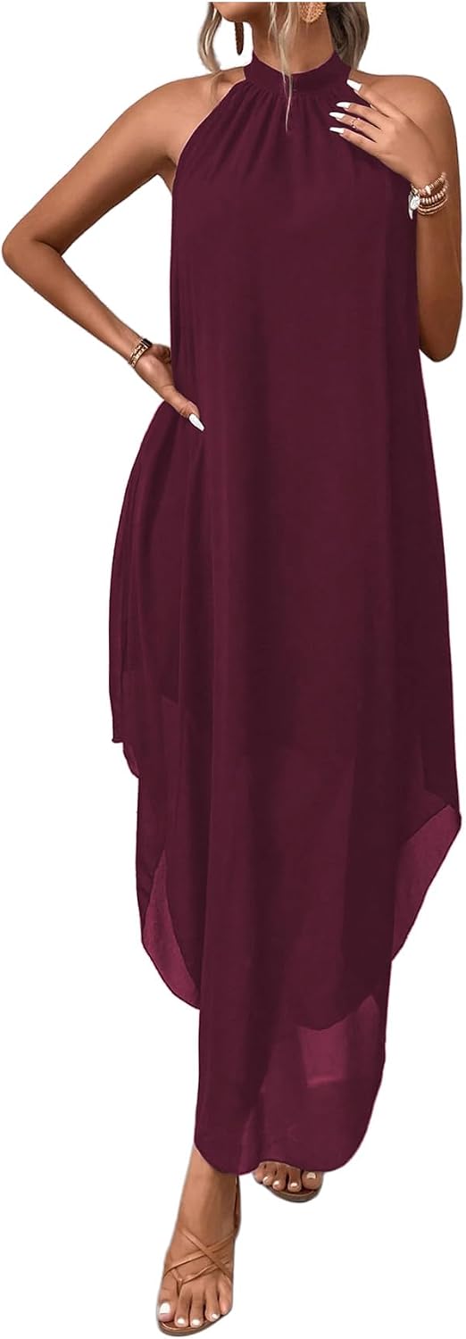 Women’s Formal Wedding Guest Dress Halter Flowy Chiffon Long Dress