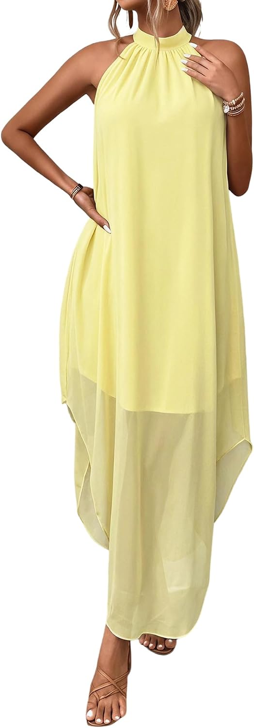 Women’s Formal Wedding Guest Dress Halter Flowy Chiffon Long Dress