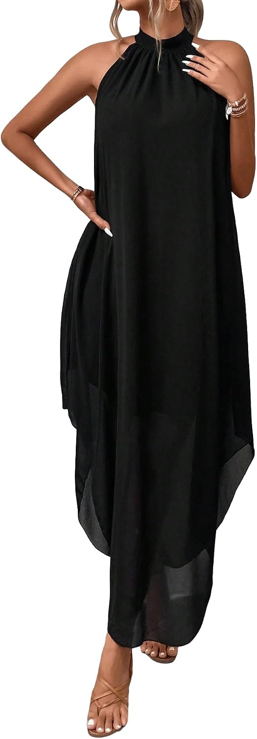 Women’s Formal Wedding Guest Dress Halter Flowy Chiffon Long Dress