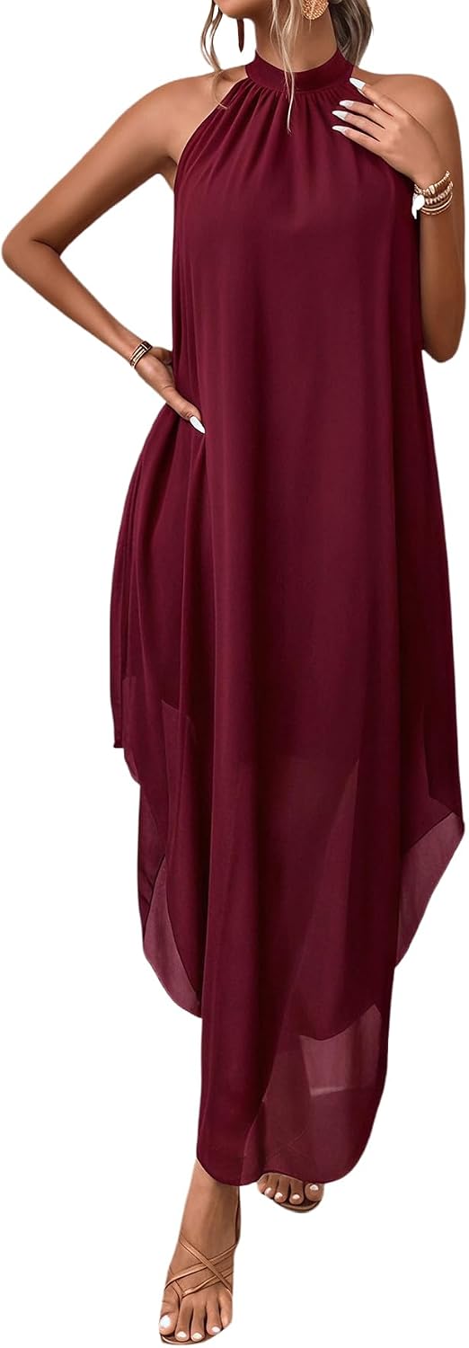 Women’s Formal Wedding Guest Dress Halter Flowy Chiffon Long Dress