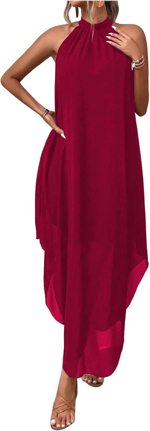 Women’s Formal Wedding Guest Dress Halter Flowy Chiffon Long Dress