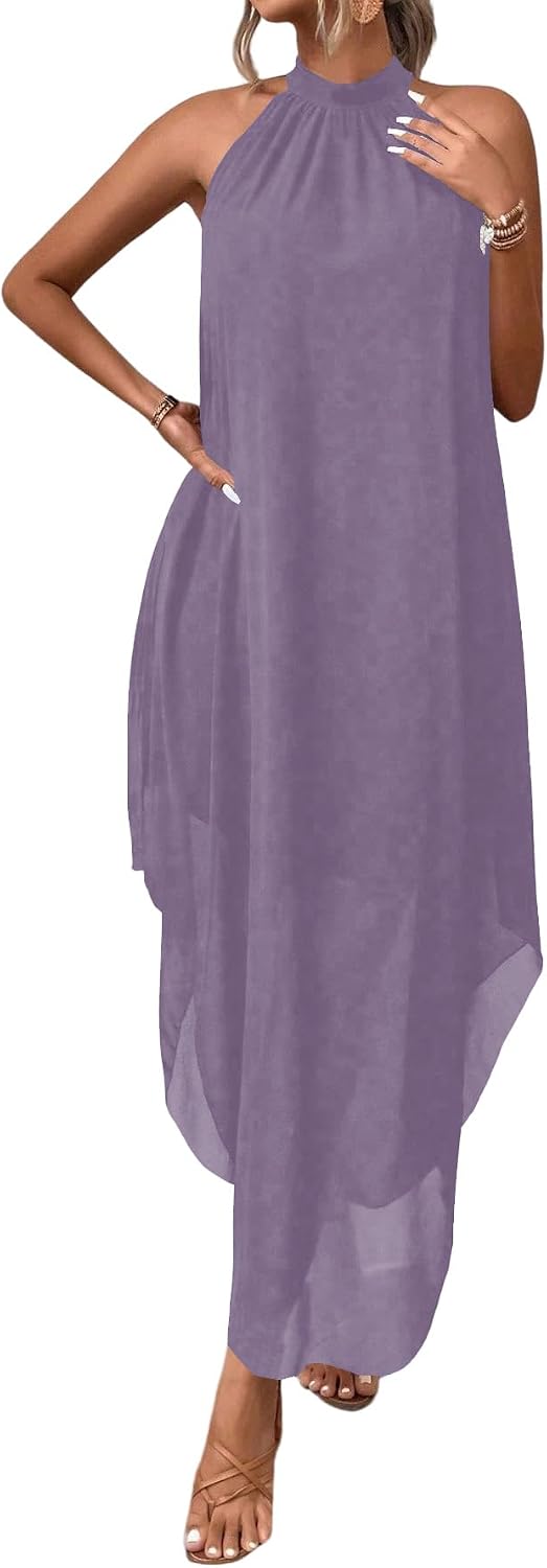 Women’s Formal Wedding Guest Dress Halter Flowy Chiffon Long Dress