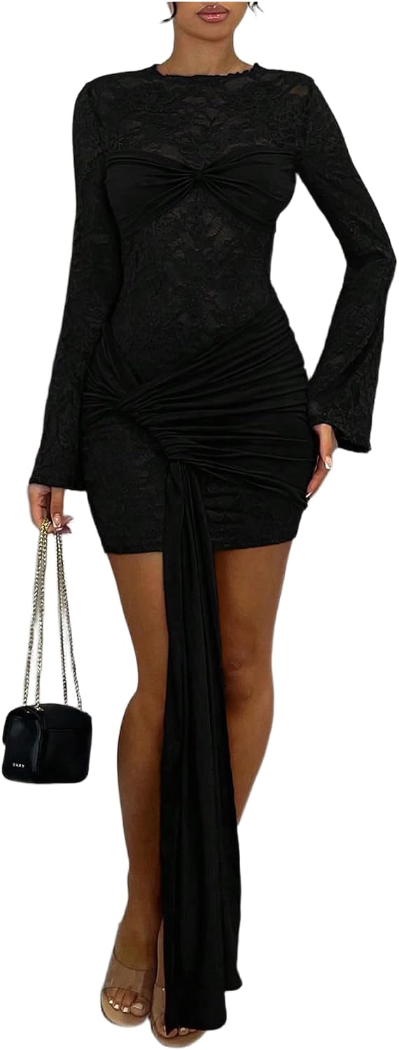 Women's Floral Lace Mini Bodycon Dresses Tie Knot Long Sleeve Ruched Date Night Dress