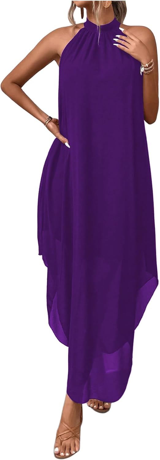 Women’s Formal Wedding Guest Dress Halter Flowy Chiffon Long Dress