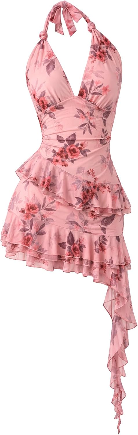 Women's Halter Y2k Mini Dress Asymmetrical Wedding Guest Dress