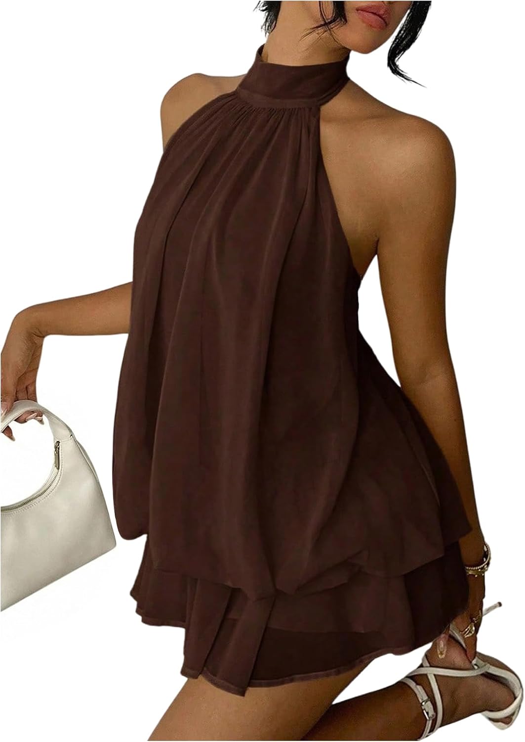 Women's Chiffon Halter Drop Waist Flowy Wedding Guest Mini Dresses