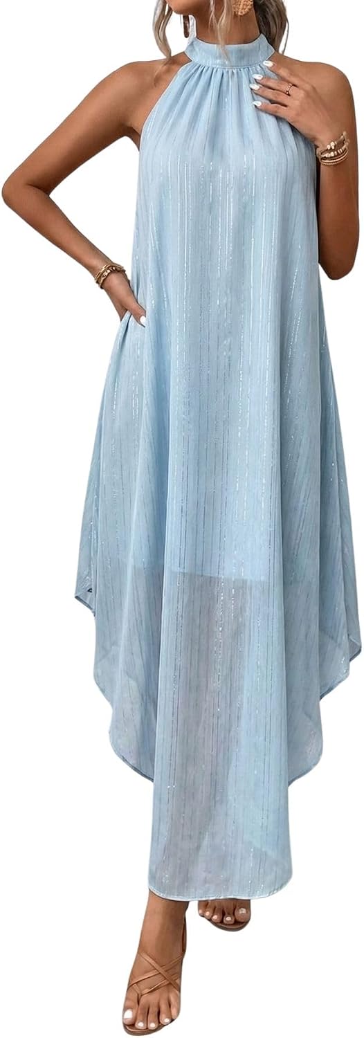 Women’s Formal Wedding Guest Dress Halter Flowy Chiffon Long Dress