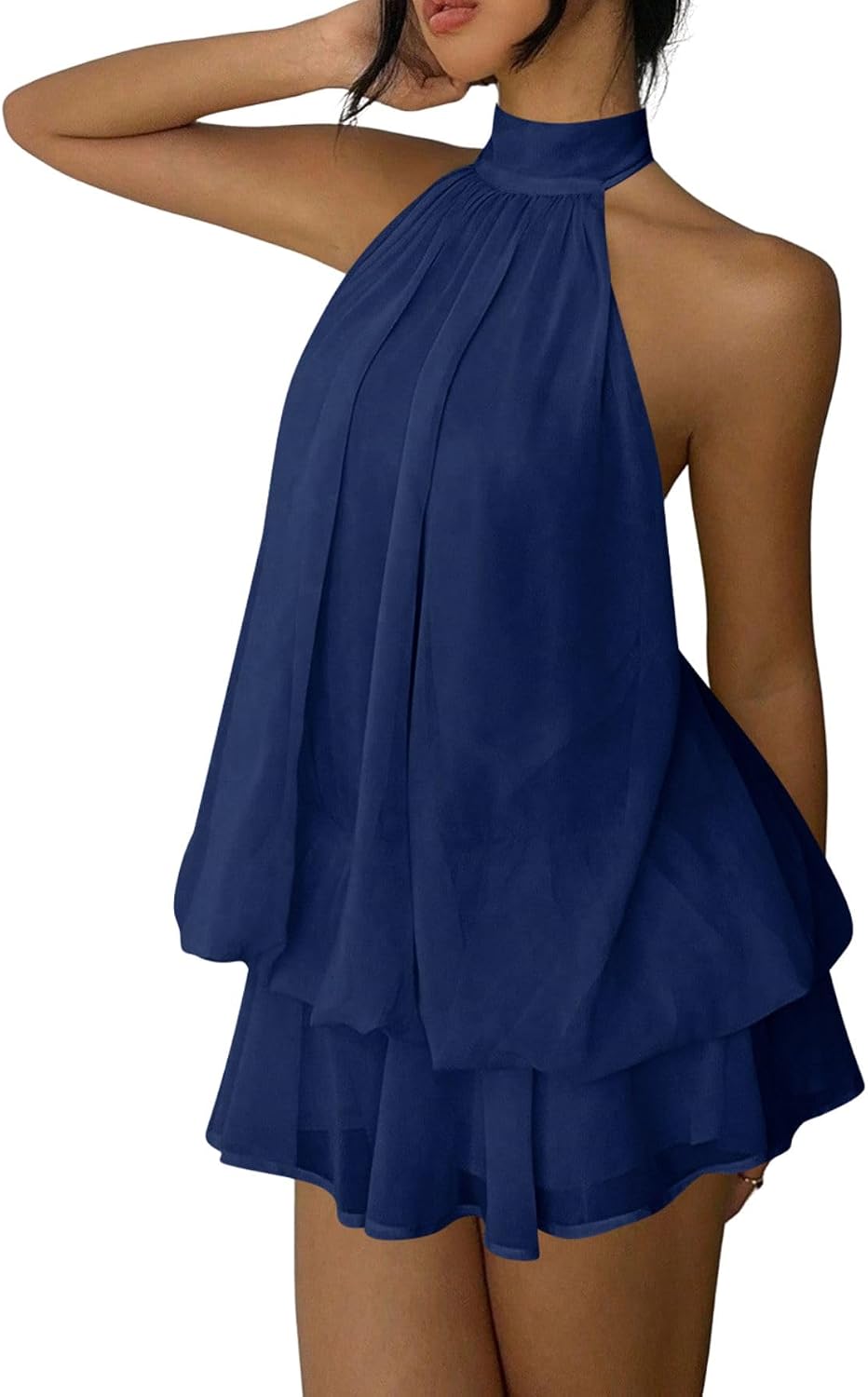 Women's Chiffon Halter Drop Waist Flowy Wedding Guest Mini Dresses